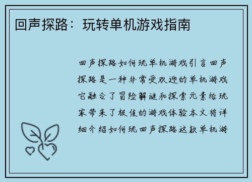 回声探路：玩转单机游戏指南